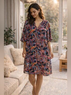Natori Vibrant Paisley Button-Up Tunic Multicolor Dress Size M Boho Resort Chic